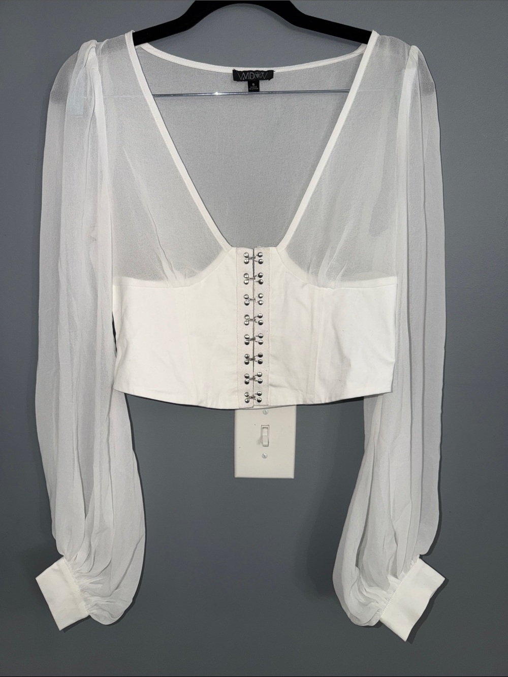 Widow for Dolls Kill White Sheer Long Sleeve Crop Top with Hook/eye Closure. Sz